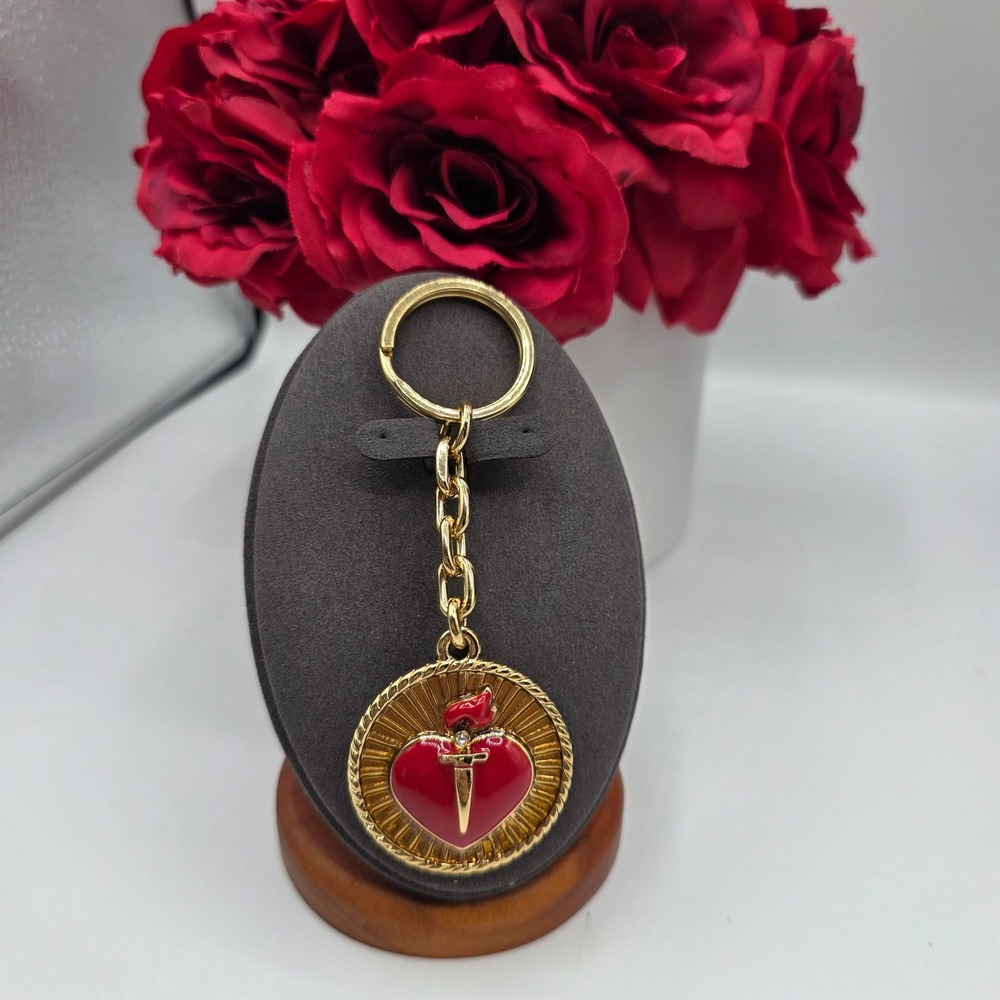 St. John Sacred Heart Gold Tone Red Enamel Keychain Fob Bag Charm Designer